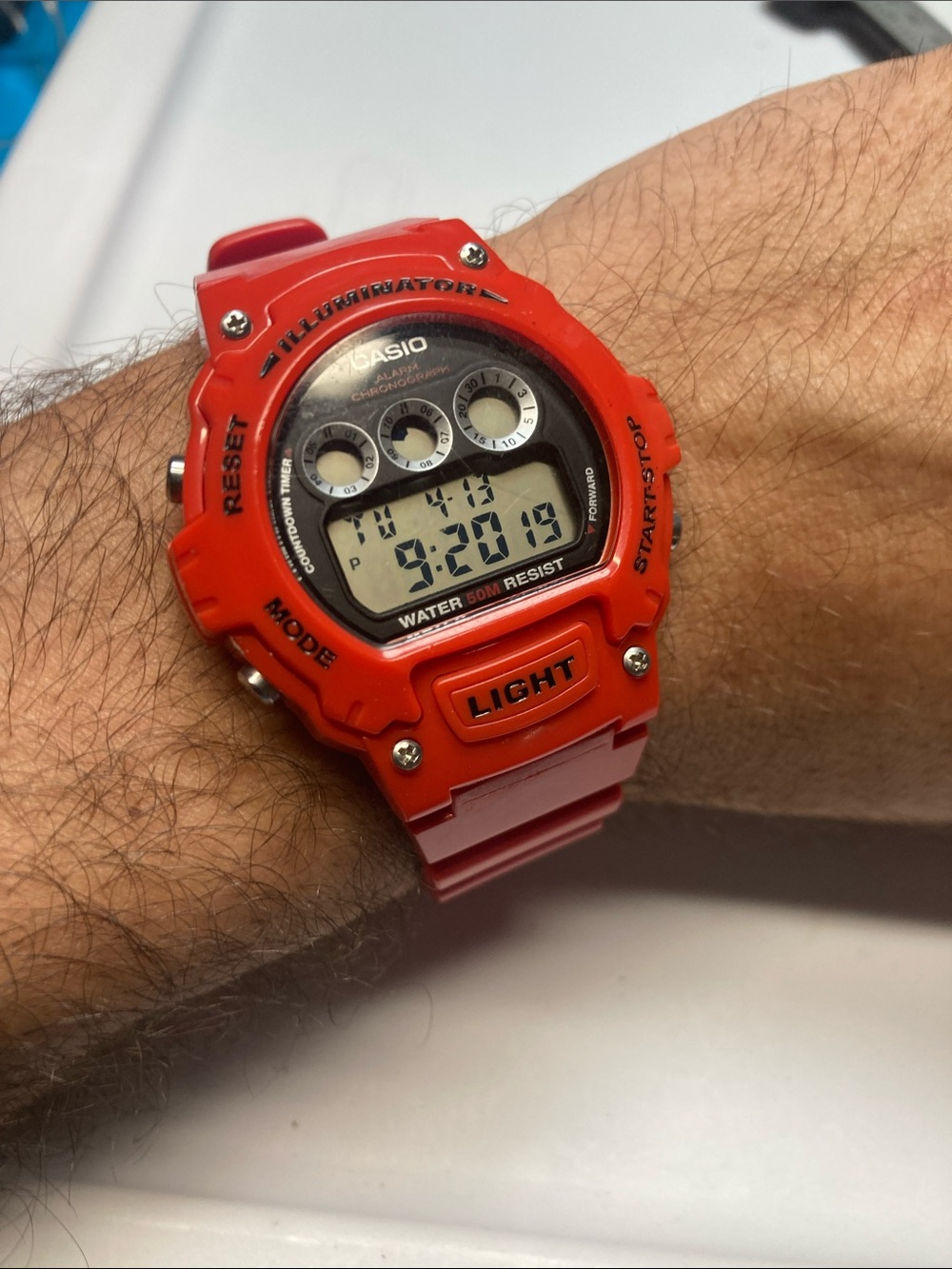 Casio Red digital watch, W-214HC, new battery